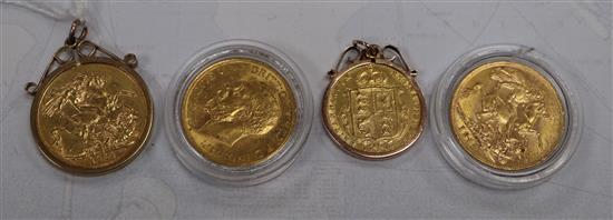 Three gold sovereigns, 1891, 1911 & 1915 and a 1892 gold half sovereign.